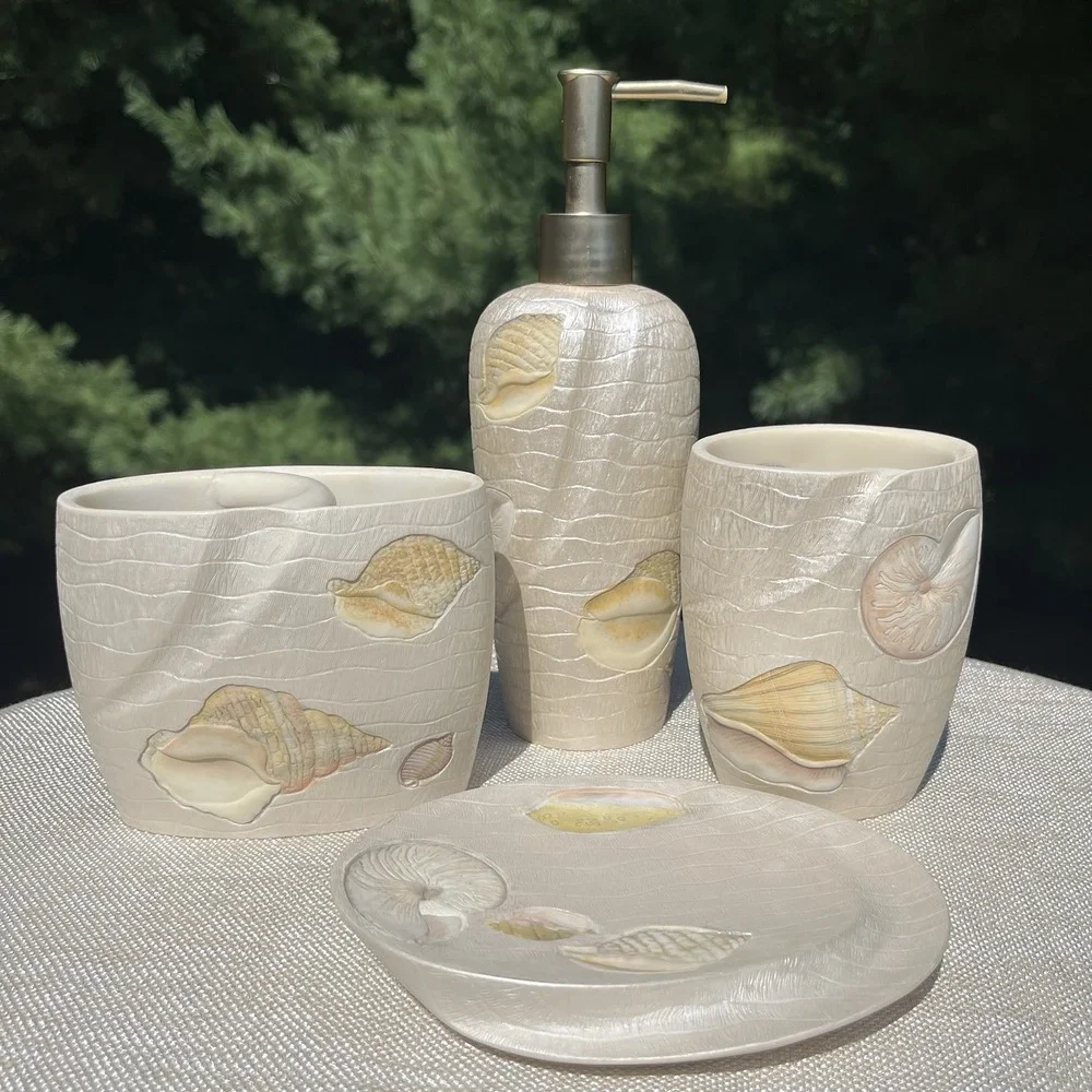Vintage Croscill Beach Haven 4 Pc Bath Set Seashell Soap Dispenser Dish Coastal